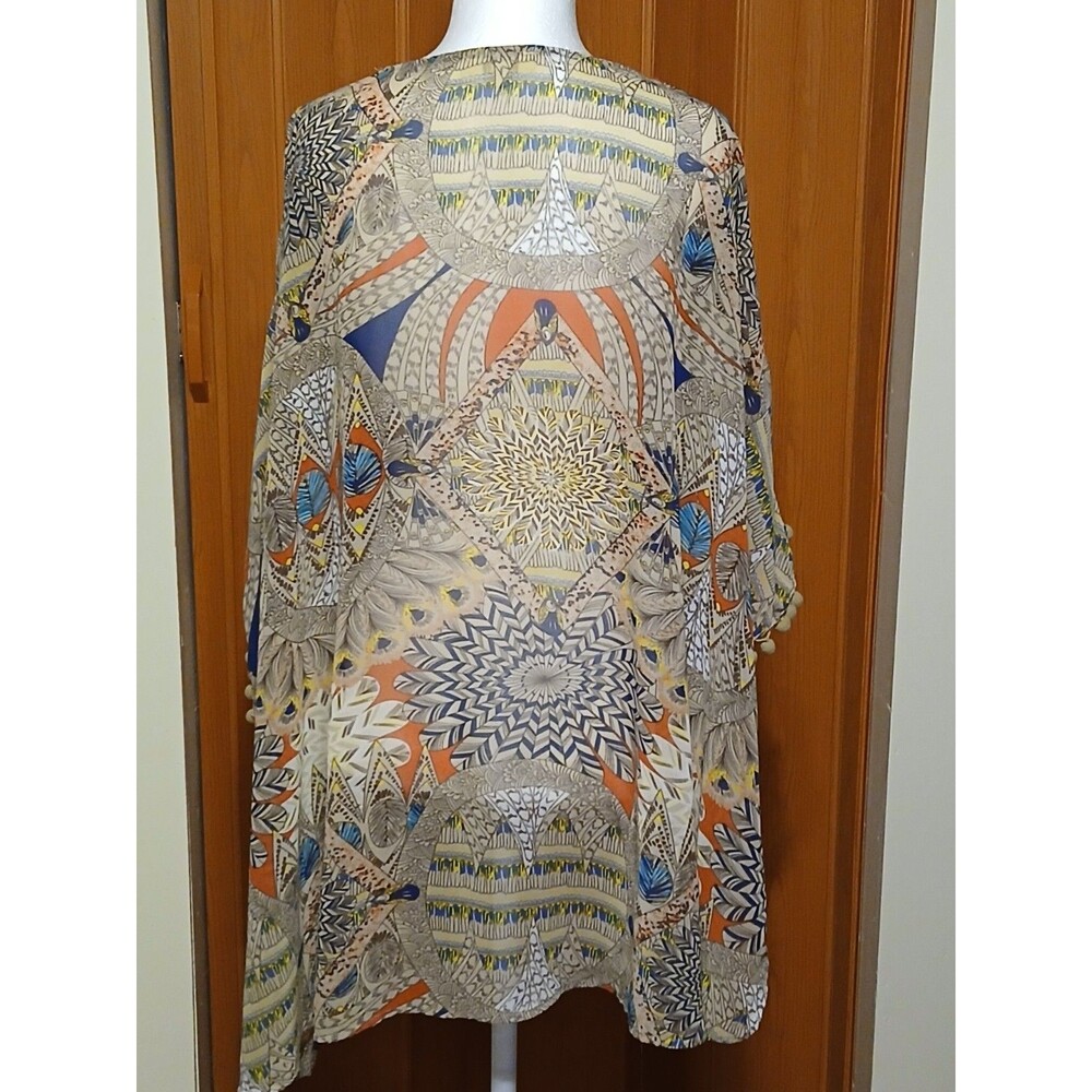 Umgee Boho Feather Print Cover up with pompom sleeves S/M NWOT - Picture 4 of 11
